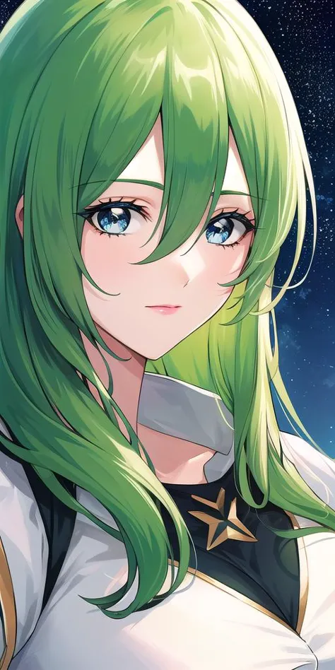 a girl with green hair and blue eyes looks at the camera