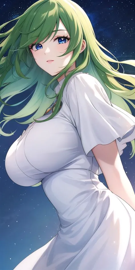 a woman with long green hair and a white dress