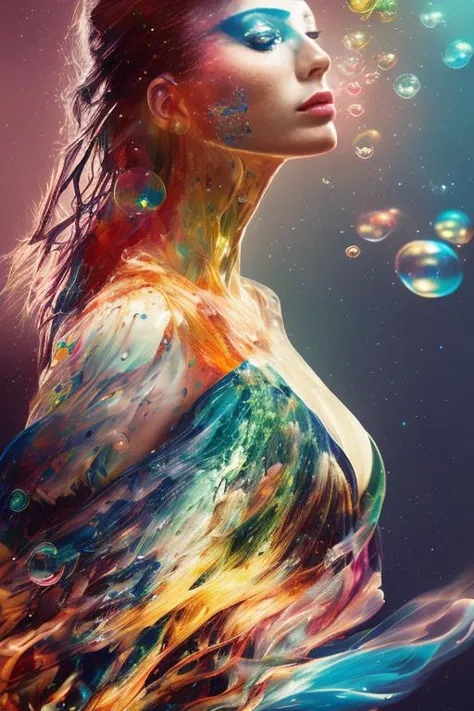 Dublex drunken beautiful woman with parrots as delirium from sandman, brown hair, (((wet body))) (hallucinating colorful soap bubbles), by jeremy mann, by sandra chevrier, by dave mckean and richard avedon and maciej kuciara, punk rock, tank girl, high detailed, 8k