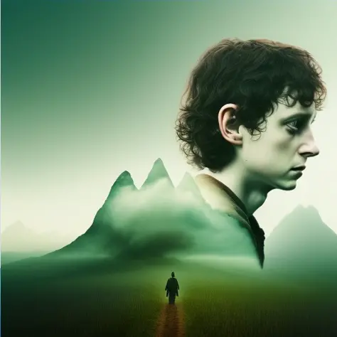 dublex style young Elijah Wood as (Frodo), portrait, dark nature
