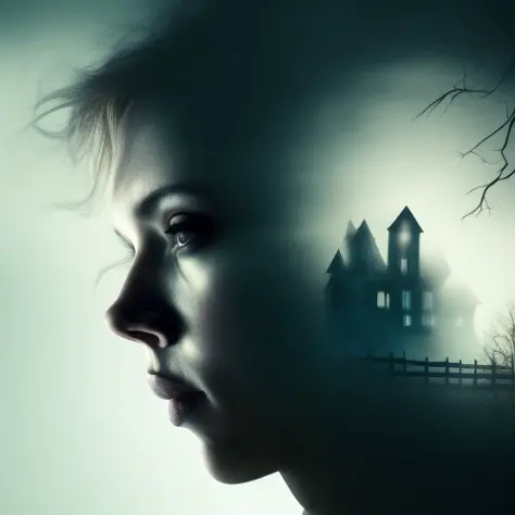 dublex Scarlett Johansson, (haunted house), black background