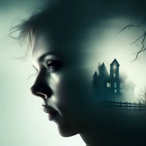 dublex scarlett johansson, (haunted house), black background