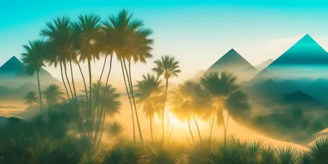 dublex style, an oasis with palms, pyramids, desert, highly detailed,  bright colours
