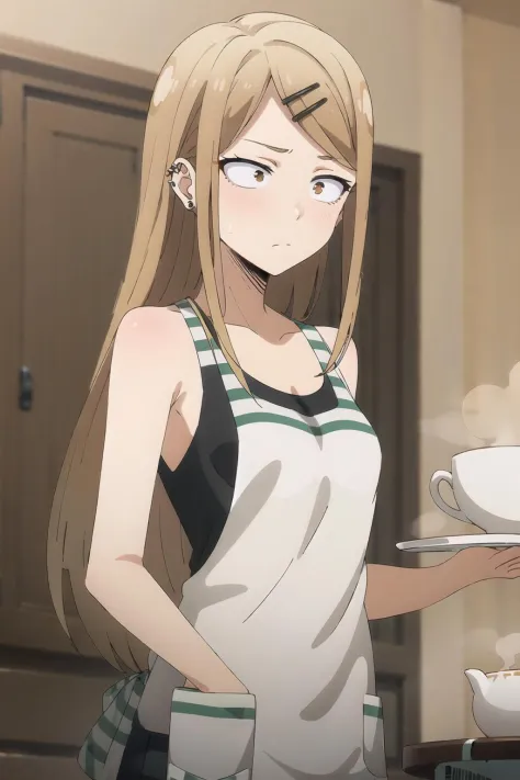 saya, 1girl, solo, apron, cup, teacup, jewelry, earrings, ear_piercing, piercing, sanpaku, saucer, constricted_pupils, tank_top, bare_shoulders, looking_at_viewer, holding, indoors, steam, frown, plate, closed_mouth, hand_in_pocket, multiple_piercings, breasts, coffee, collarbone, sleeveless, wide-eyed, chair, stud_earrings, upper_body