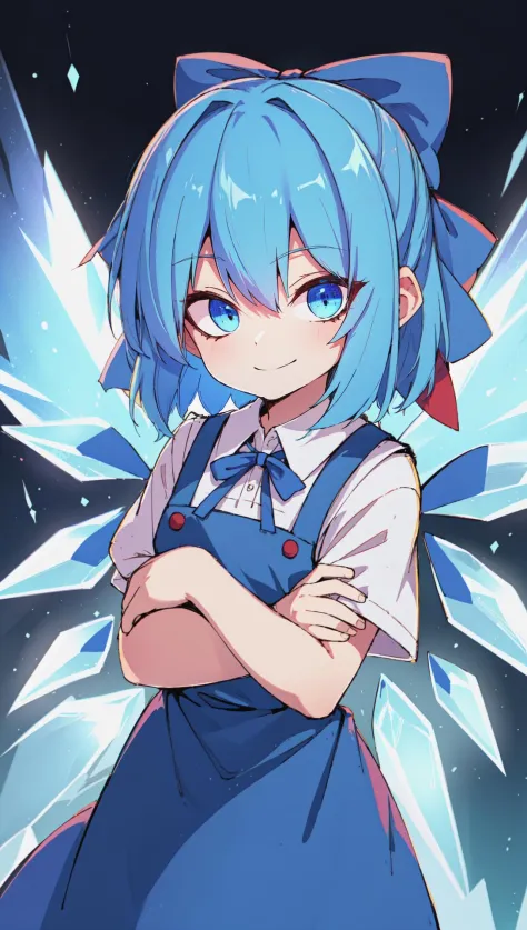 cirno, blue hair, hair bow, blue eyes, ice wings, pinafore dress, blue bow, self hug, crossed arms, light smile, masterpiece, be...