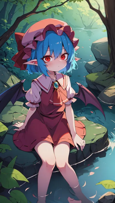 remilia scarlet, pelo azul, gorra de mafia, alas de murciélago, fular, ojos rojos, Magnífico, sentado en una roca junto a un arroyo, reflexión, naturaleza, Al aire libre, obra maestra, mejor calidad  