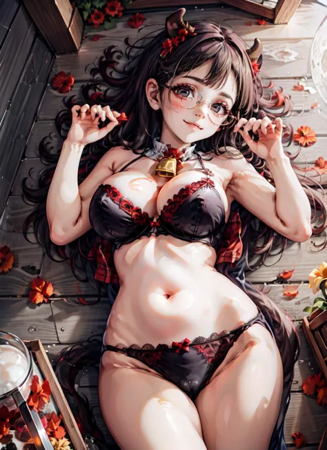 ((best quality)), ((highly detailed)), absurdres, detailed face, beautiful face, (detailed eyes, deep eyes), <lora:more_details:.4>, (1girl), (glasses), <lora:nude petals_v1:.8>, ruanyi0231, petals, rose, lying, on back, from above, lingerie, (lace bra, pl...