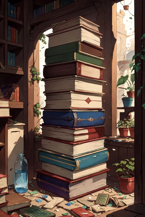 there is a large stack of books sitting on the floor