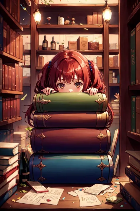 a woman is sitting on a stack of books in a library