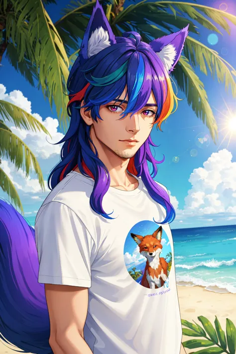 anime guy with blue hair and a fox t - shirt on