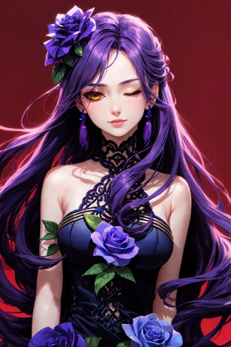 a woman with long purple hair and purple roses in her hair