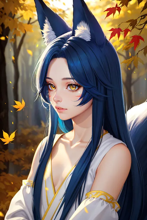 a woman with blue hair and a cat ears is sitting in the woods