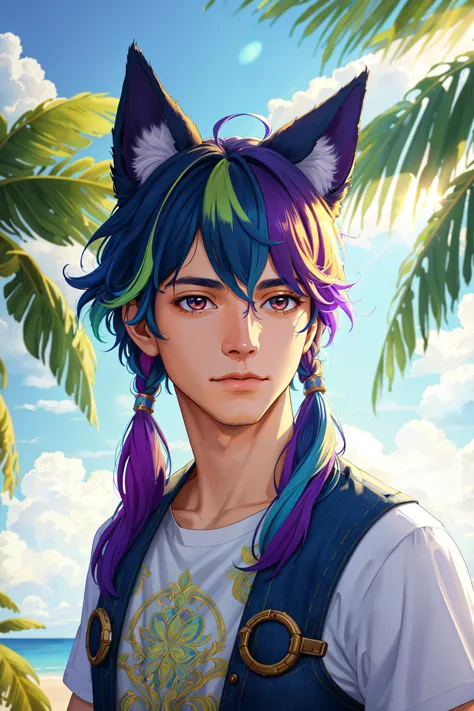 a young man with blue hair and purple ears wearing a cat ear