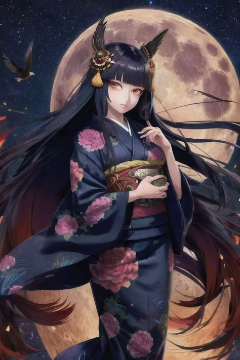 a woman in a kimono outfit standing in front of a full moon