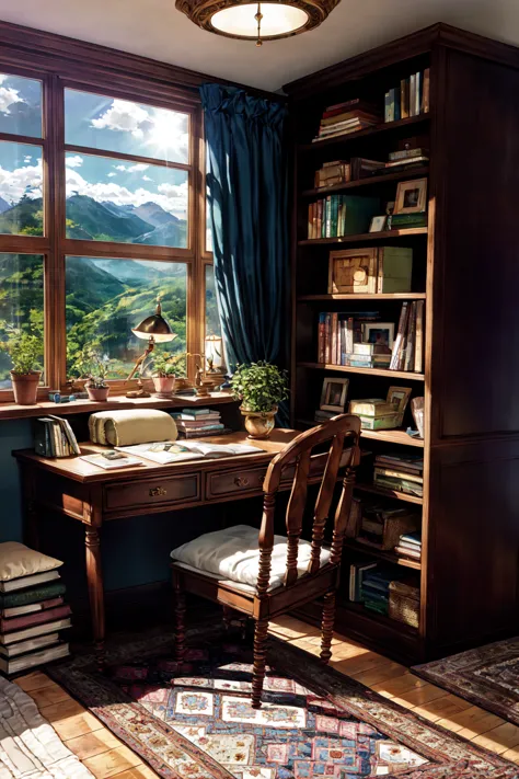 a close up of a desk with a chair and a book shelf