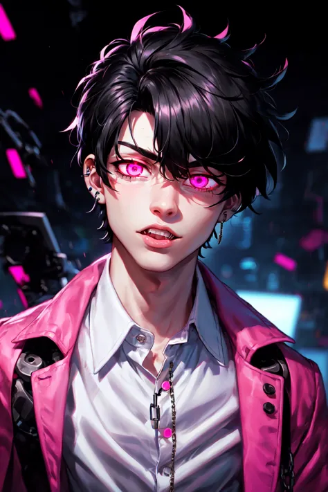 1boy, black hair, blurry, cable, chain, collared shirt, cracked skin, ear piercing, earrings, glowing, glowing eyes, jacket, jewelry, male focus, mechanical parts, open mouth, piercing, pink eyes, shirt, short hair, solo, teeth, tongue, upper body, veins, white shirt