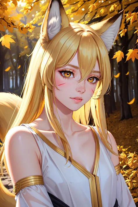 a woman with long blonde hair and a cat ears is standing in the woods