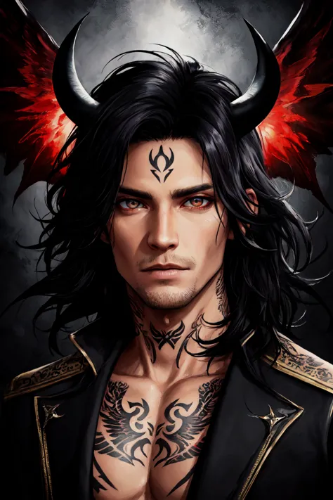 a man with horns and tattoos on his chest