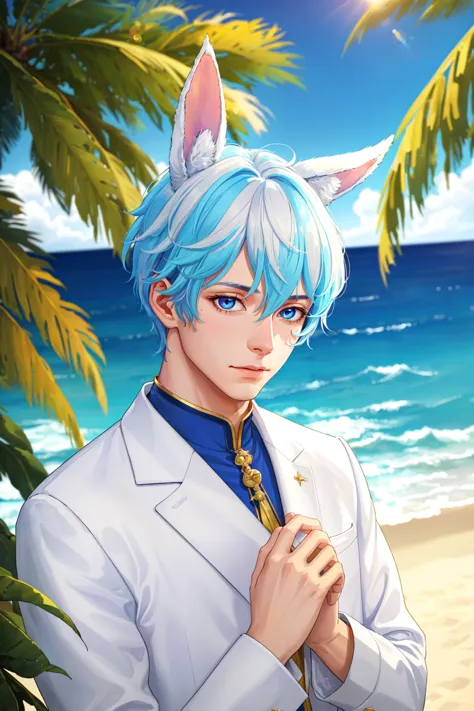 ((1boy, transgender, genderless, male focus)), 1boy, male focus, solo, blue hair, multicolored hair, rabbit ears, two-tone hair, mole, white hair, chinese clothes, upper body, brown eyes, orange eyes, hand on own chin, looking at viewer, EarthPorcelain OseaIsland