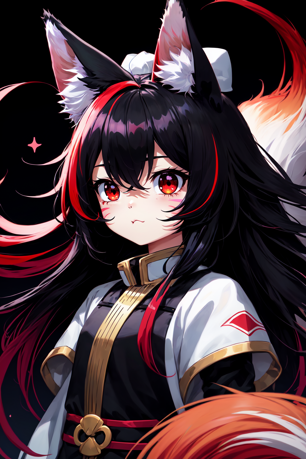 Anime girl with long black hair and red eyes with a cat ears - SeaArt AI