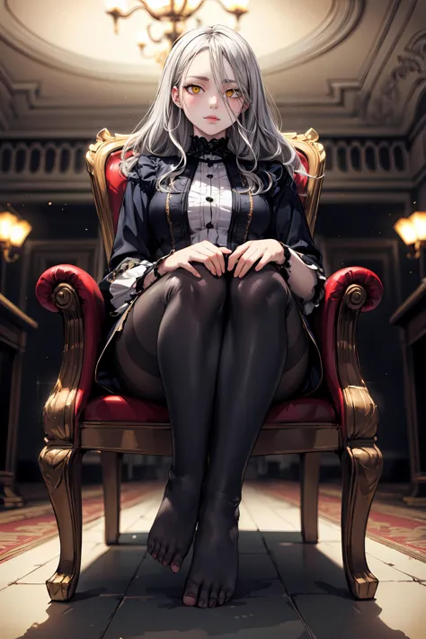 masterpiece, best quality, glistening, shiny, glowing light, HDR, depth of field, perfect face, detailed face, detailed eyes, 8k, HD, ray tracing, perfect lighting, ultra-detailed, shiny eyes, 1girl, shiny skin, detailed hair, glowing eyes, yellow eyes, pale skin, long wavy silver hair, sitting, victorian chair, black asymmetrical clothing, black pantyhose, highly detailed feet, toes, foot focus, cinematic lighting, intricate details, ambient light, light particles, dramatic shadows, very detailed, high resolution, sharp, dynamic pose, dynamic angle,