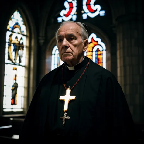 a close up of a priest standing in front of a stained glass window