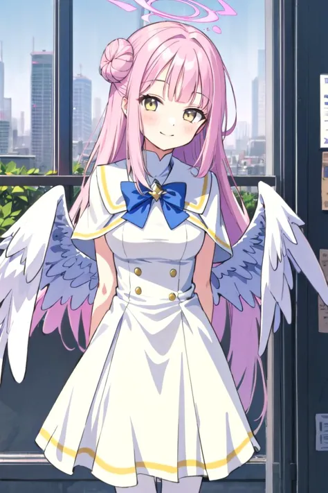 1girl, mika (blue archive), solo, pink hair, wings, halo, dress, long hair, high heels,single side bun, white dress, hair bun, y...