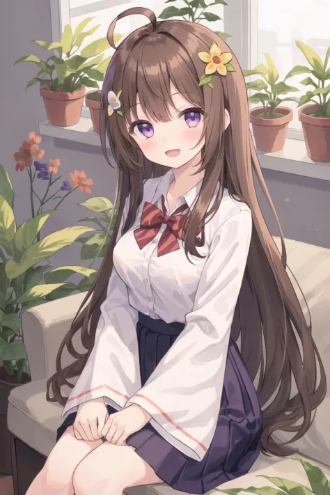 girl, ahoge, bangs, blush, bow, breasts, brown hair, flower, hair ornament, indoors, long hair, long sleeves, looking at viewer, medium breasts, open mouth, plant, potted plant, purple eyes, red bow, shirt, sitting, skirt, smile, solo, striped, very long h...