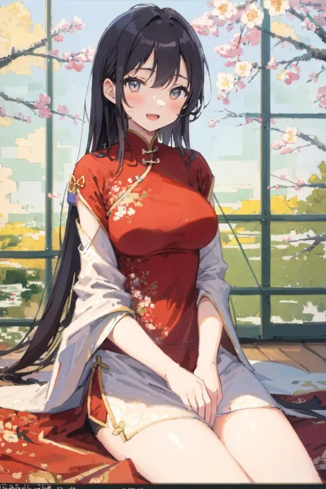 girl, 8620 \(Maitetsu\),masterpiece, best quality, ultra-detailed, illustration,looking at viewer,white chinese clothes,:d,sitting,(Impressionism:1.4)