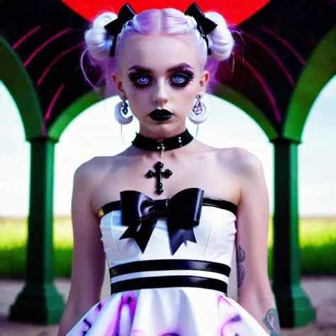 <lora:add-detail-xl:0.8> Gothic girl in clinging white neon dress with black upside down cross in the centre, lilac long pigtails with black skull bow,perfect eyes, neon white glowing eyes,testp, fullbody, maxim mag,sharpen, hyper realistic detail, 128k, lens flare, psychedelic swirl, multiple posts, voodoo, sinister, eerie, creepy,1080p (Larry Carlson 1.3), , cinematic quality, cinematic lighting, voodoo, sinister,128k, hyper realistic, pastel colour palette,(mark ryden 1.3) <lora:bigeyes-xl-v1:0.8> big eyes, anime eyes  <lora:Desert_Festival:0.8> desert