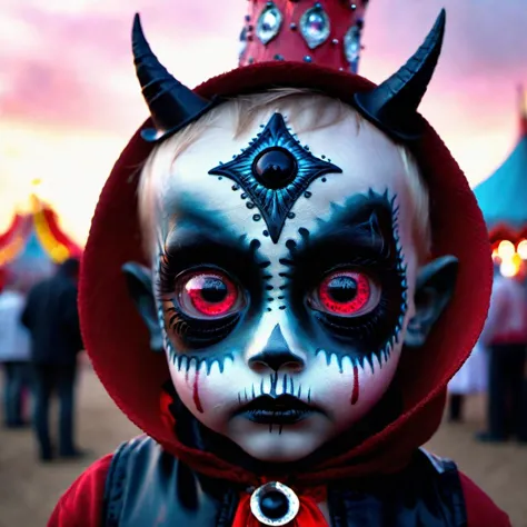 a close up of a child wearing a costume with a devil face