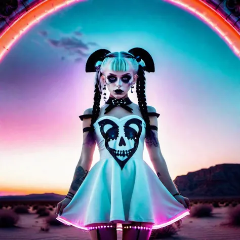 <lora:add-detail-xl:0.8> Gothic girl in clinging white neon dress with black upside down cross in the centre, lilac long pigtails with black skull bow,perfect eyes, neon white glowing eyes,testp, fullbody, maxim mag,sharpen, hyper realistic detail, 128k, lens flare, psychedelic swirl, multiple posts, voodoo, sinister, eerie, creepy,1080p (Larry Carlson 1.3), , cinematic quality, cinematic lighting, voodoo, sinister,128k, hyper realistic, pastel colour palette,(mark ryden 1.3) <lora:bigeyes-xl-v1:0.8> big eyes, anime eyes  <lora:Desert_Festival:0.8> desert