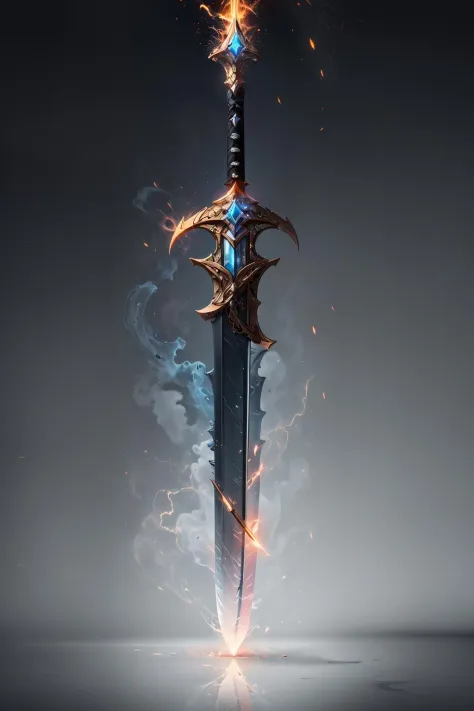 an epic (sword:1.2), glow, reflective surface, black background, metal, spark, (no humans:1.3)