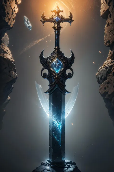 a masterful relic in the middle of a sacred town, sword in stone, glowing glyphs, graphite, gold, ancient, marble, grain, texture, pattern, (neon black), absurdres, blade, hilt, stone, reflective surface, cavern, crystal, inner light, intricate, embroidery...