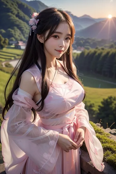 (((masterpiece))), (((best quality))), (((half body photo))), closeup, solo, 1girl, smile, longhair, ribbon, ((light pink see through complex pattern chiffon hanfu))), (((huge tits))), (((petite figure proportion))), (((hillside))), ((sunset)),