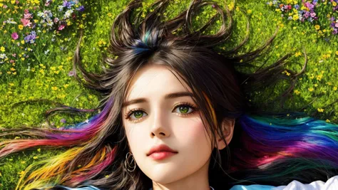 photorealistic rainbow woman, laying in grass, surrounded by flowers, medium shot, background Fuji