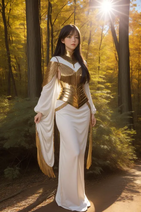 a woman in a white dress and gold cape standing in the woods