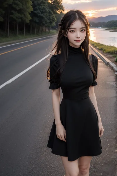 (((masterpiece))), (((best quality))), (((half body photo))), closeup, solo, 1girl, smile, longhair, ribbon, (((high neck))), (((black dress))), (((big tits))), (((petite figure proportion))), (((roadside close to river))), ((sunset)),