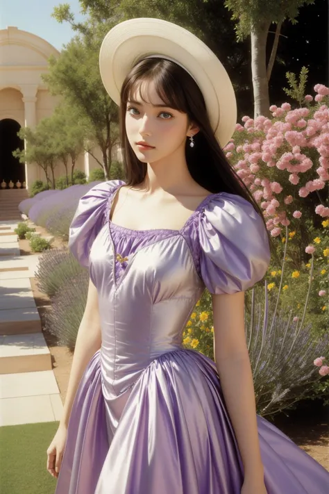 a woman in a purple dress and hat standing in front of a building