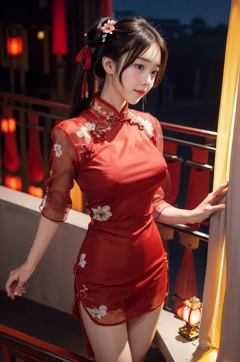 a woman in a red dress posing on a balcony