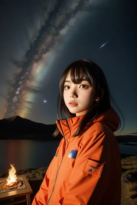 1girl, by Katsuhiro Otomo, landscape of a Fiery Falkland Islands and Colorful Canis Major constellation, at Twilight, Pop Art, p...