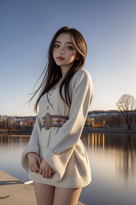 a woman standing on a pier next to a body of water