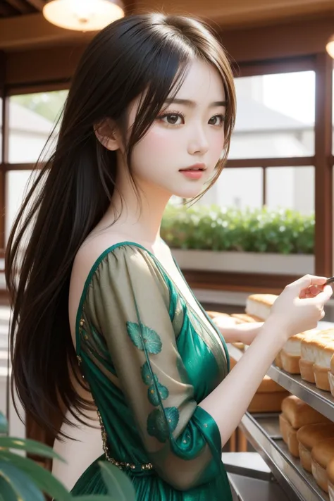 a woman in a green dress standing in front of a shelf of donuts