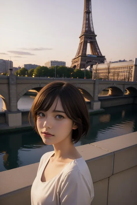 arafed woman standing in front of a bridge with the eiffel tower in the background