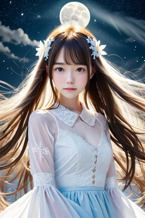 {masterpiece},extremely detailed 8K wallpaper,highres,focus on character,1girl,{{upper body}},hair flower,highly detailed long white hair,floating hair,halo,light blue eyes,{{delicate face}},cute,detailed starry sky,snowflakes,full moon,moonlight,floating city,