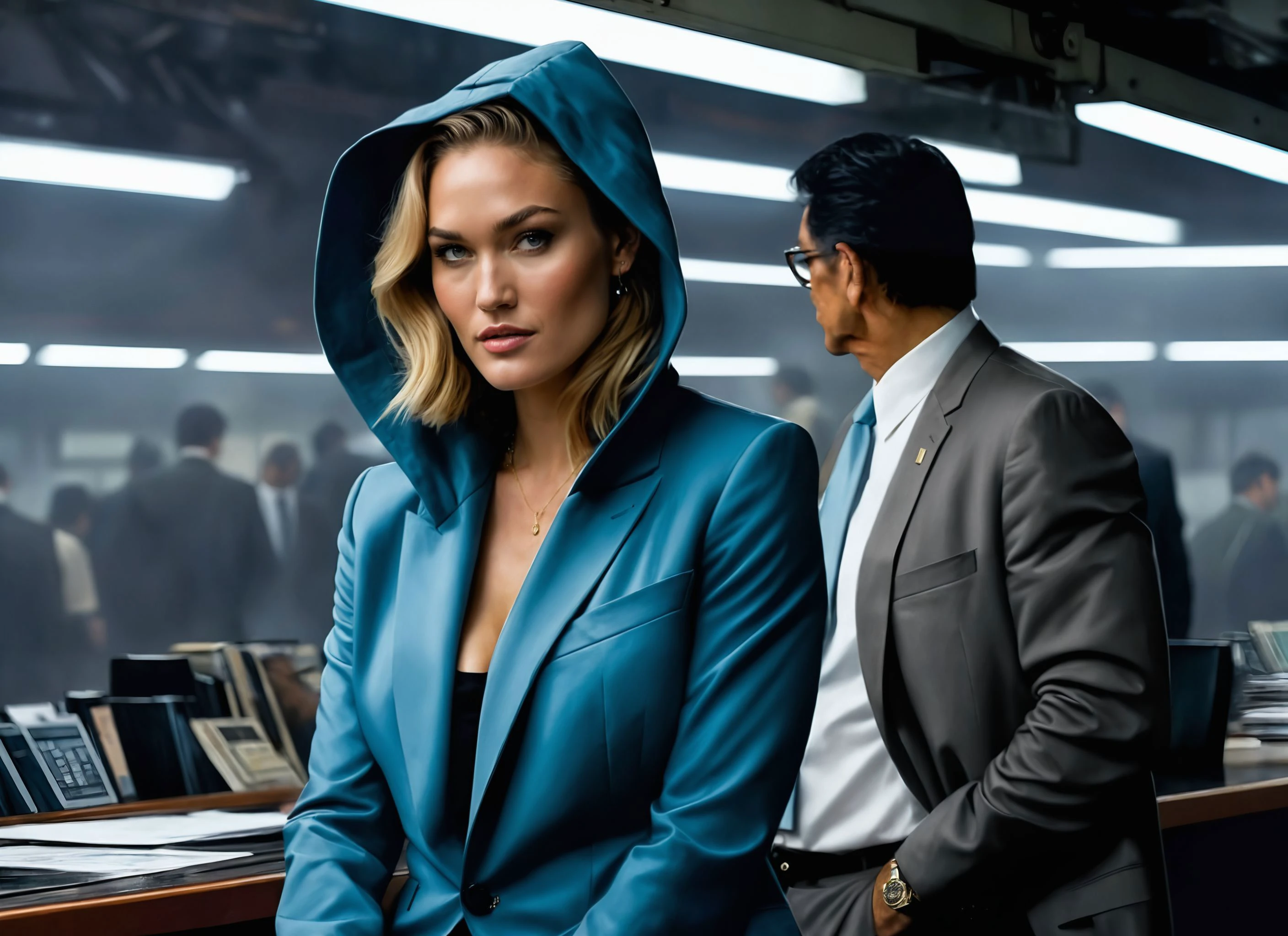 (Bar Refaeli), nighttime, cyberpunk city, dark, raining, neon lights ((,Wearing a blazer over a hoodie)), blazer, hoodie, (gundam\(rx78\), mobile suit, mecha armor, body suit ), cyberpunk, synthwave, 1980s, futurism, brutalism, neuromancer, cinematic photo in a tank factory, art by Adrian Tomine,looking away from the viewer,,in the oval office with the president of the United States,in a coal mine