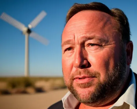 <lora:Alex Jones - Trigger w Alexjones Person:1> film footage of alexjones person high shot of a holding a elderly zombie in the middle of a desert a close up on his lips a windmill lights on in