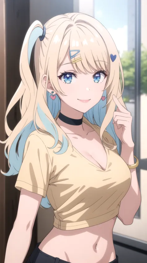 (masterpiece, best quality), ShirakawaRuna, 1girl, blonde hair, multicolored hair, bangs, one side up, long hair, blue eyes, hairclip, jewelry, earrings, medium breasts, cleavage, collarbone, yellow shirt, short sleeves, heart, heart earrings, bracelet, midriff, navel, choker, smile, looking at viewer, <lora:ShirakawaRuna by Raelina-000008:0.8>