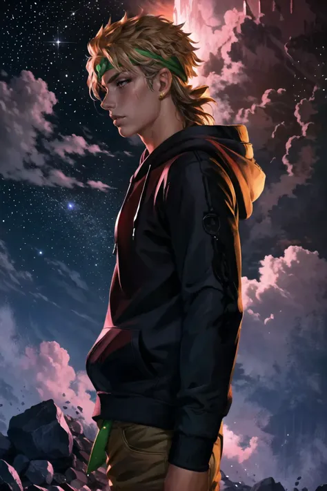 Highly detailed, High Quality, Masterpiece, beautiful, 1boy, solo, edgNoire, hoodie,  ([black dress, short skirt|hoodie]::0.5), <lora:Outfit_NoireHoodies:0.8>, dio, headband,  <lora:Char_Sigmas_Dio:0.75>, starry, strry light, night, colorful, cloud, star \(sky\), <lora:Style_LightCoatCG:1>, from side,