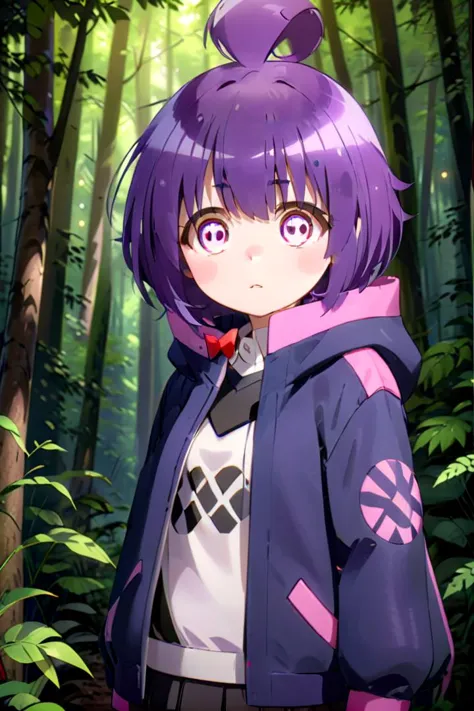 anime girl in a purple jacket standing in a forest